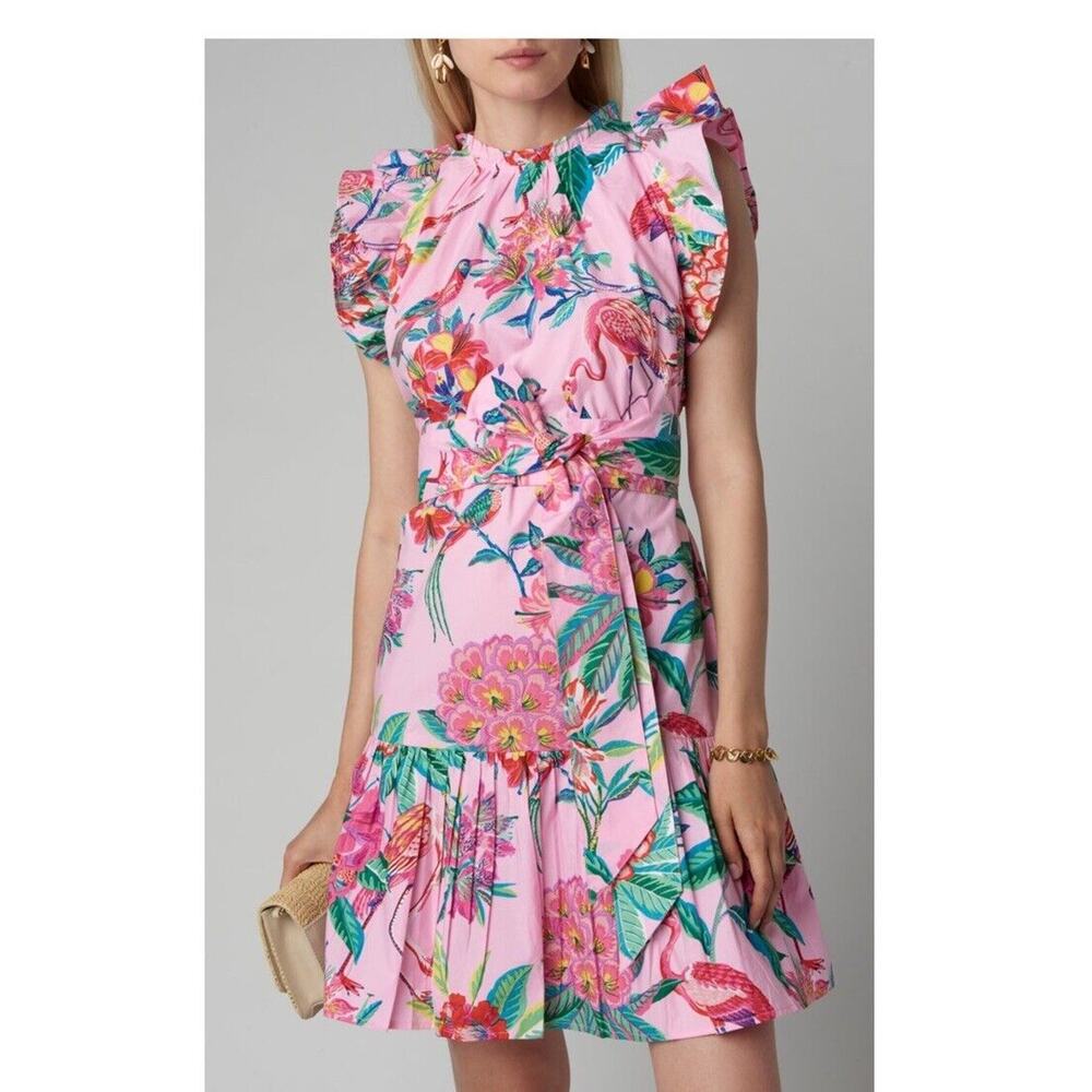 Banjanan Bulbul's Sister Pink Tropical Flamingo Print Belted Mini Dress Sz M